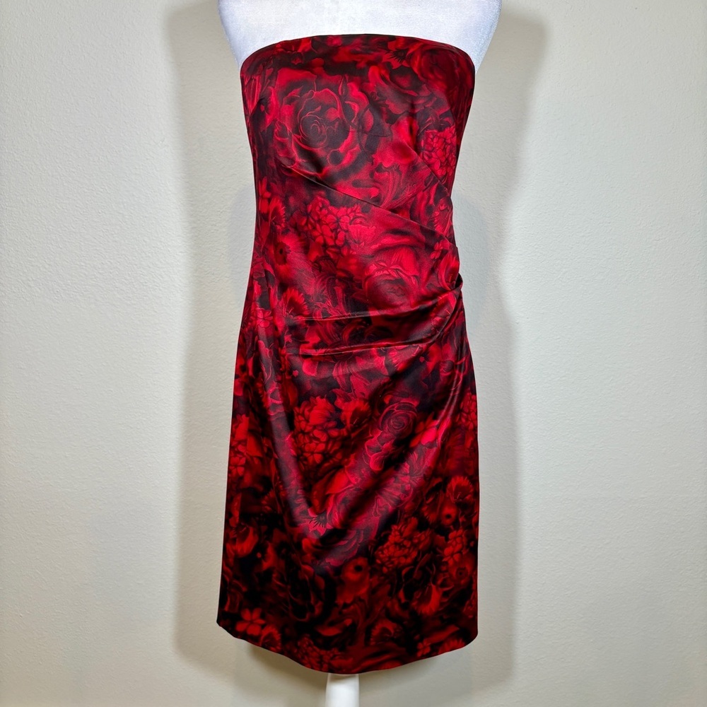 Ann Taylor Red & Black Rose Print Strapless Dress Size 8